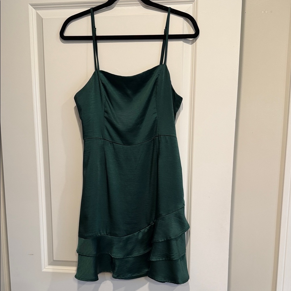 Lulu's Dark Green Satin Slip Dress with Ruffle Tier